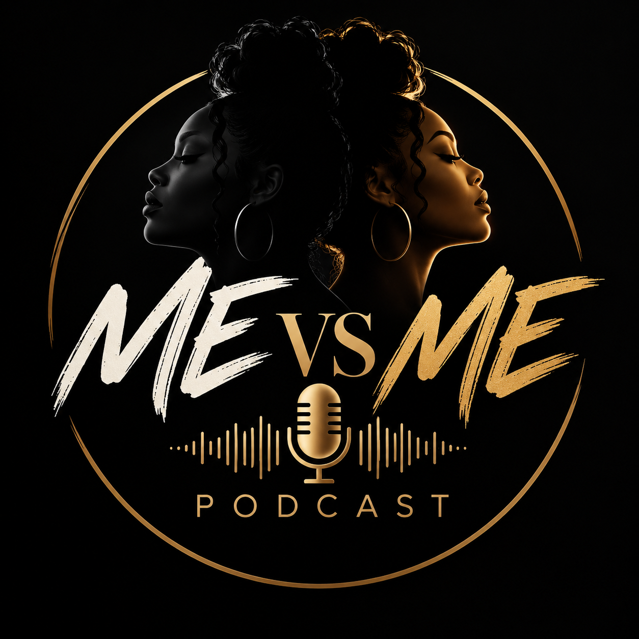 Me vs Me Podcast logo with mirrored profiles and a gold microphone